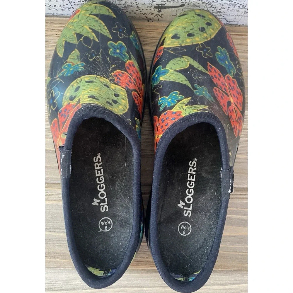 Sloggers Rubber Rain Garden Shoes Slip On Floral Black Comfort‎ Womens 8